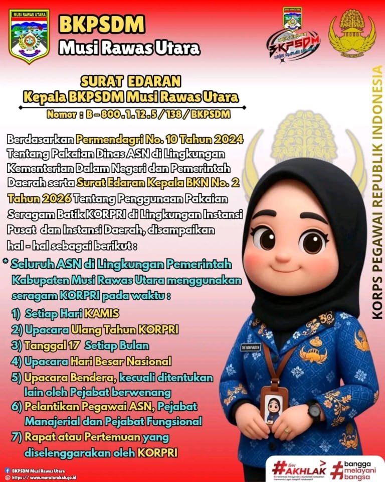 BKPSDM Muratara Terbitkan Edaran Penggunaan Seragam Batik KORPRI Sesuai Aturan Terbaru