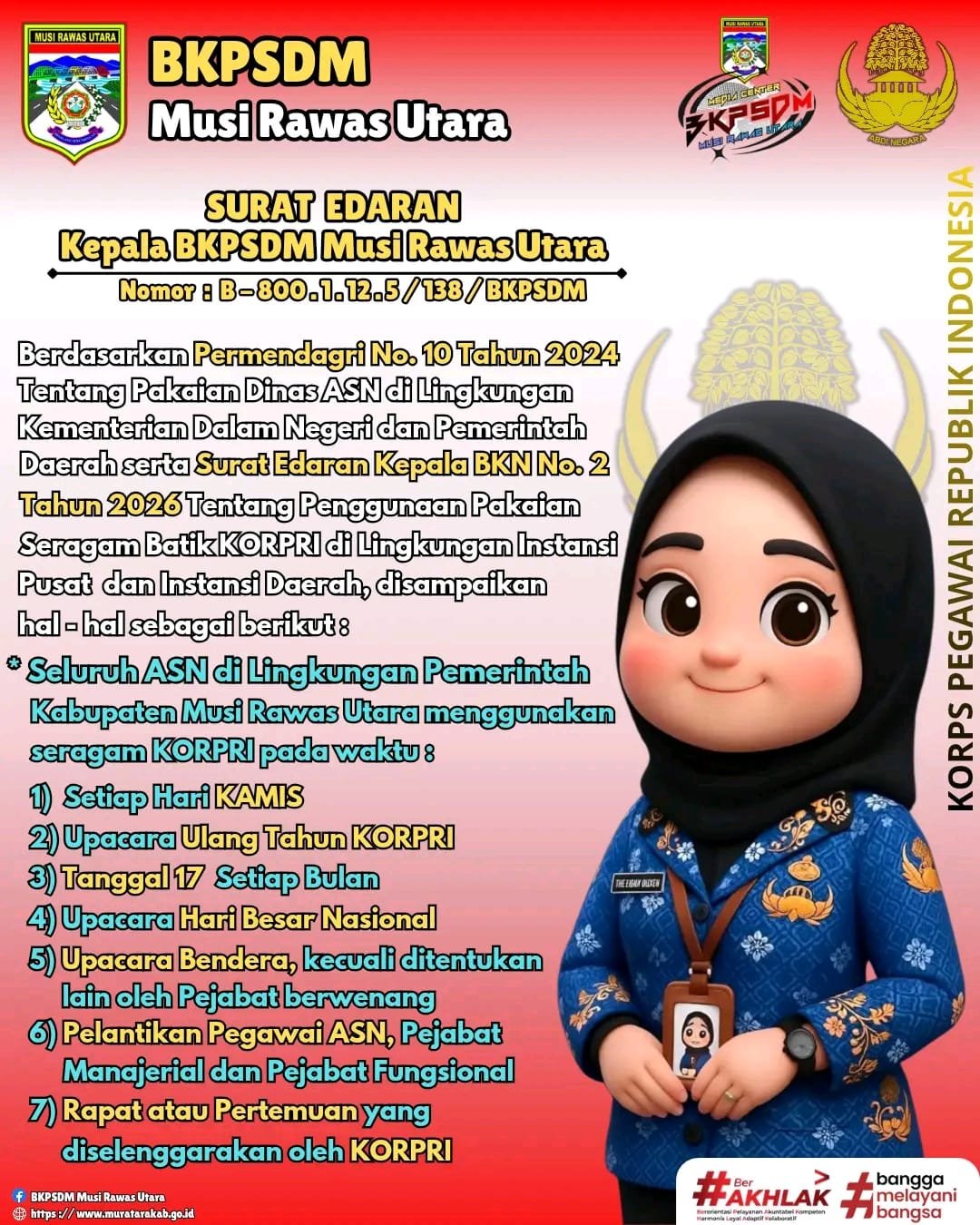 BKPSDM Muratara Terbitkan Edaran Penggunaan Seragam Batik KORPRI Sesuai Aturan Terbaru