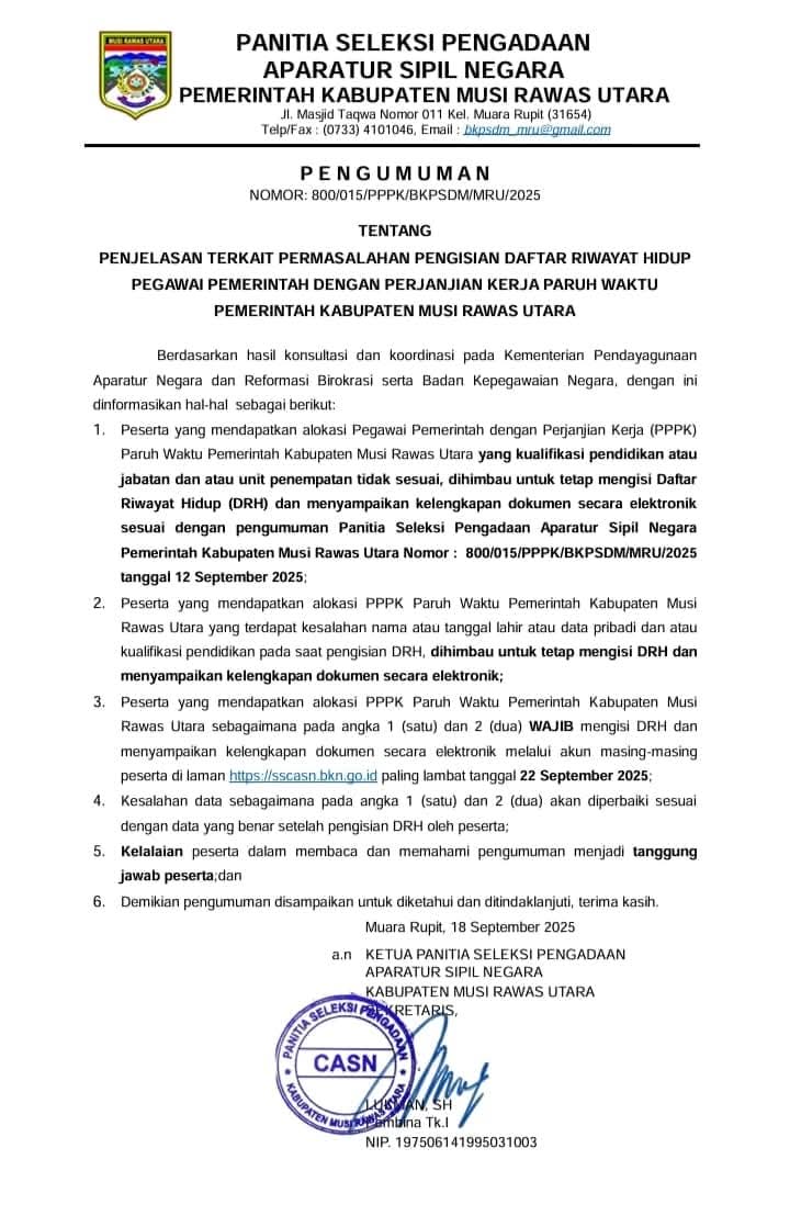 BKPSDM Pengumiman PPPK Paru Waktu Muratara Pengisian DRH