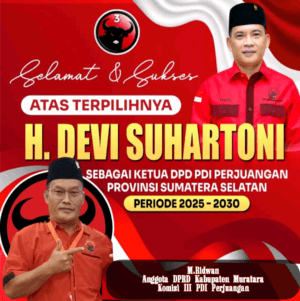 M. Ridwan bersama kader PDI Perjuangan Dapil 1 Kabupaten Musi Rawas Utara mengucapkan selamat dan sukses atas terpilihnya H. Devi Suhartoni sebagai Ketua DPD PDI Perjuangan Provinsi Sumatera Selatan periode 2025–2030.
